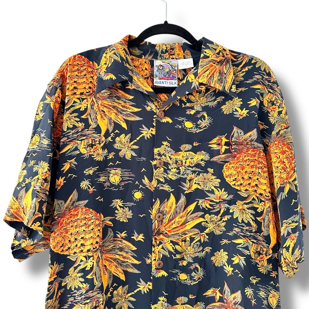 Avanti Navy/Orange Men’s Pineapple Hut Vtg Aloha Silk Button Down Shirt Medium - Picture 2 of 9